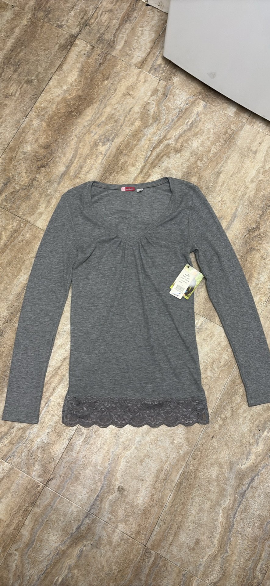 Outlooks Medium Grey Heather Lace Trim Long Sleeve Top - Size L