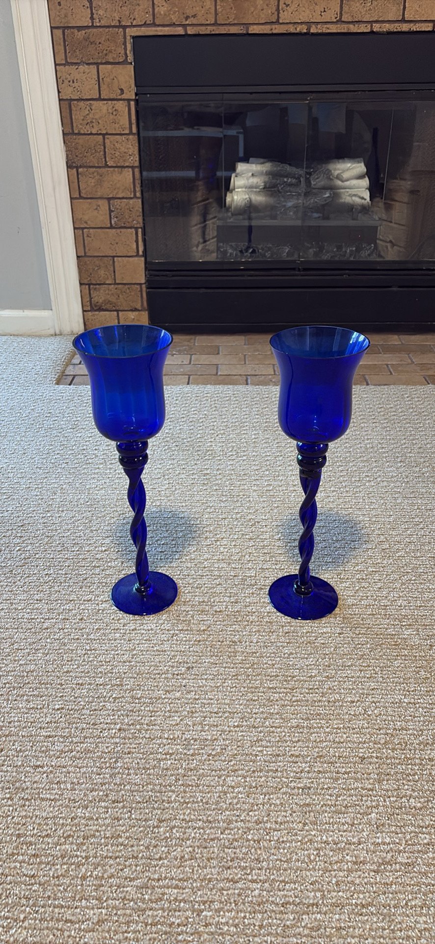 Vintage Cobalt Blue Hand-Blown Glass Twisted Stem Candle Holders - Pair