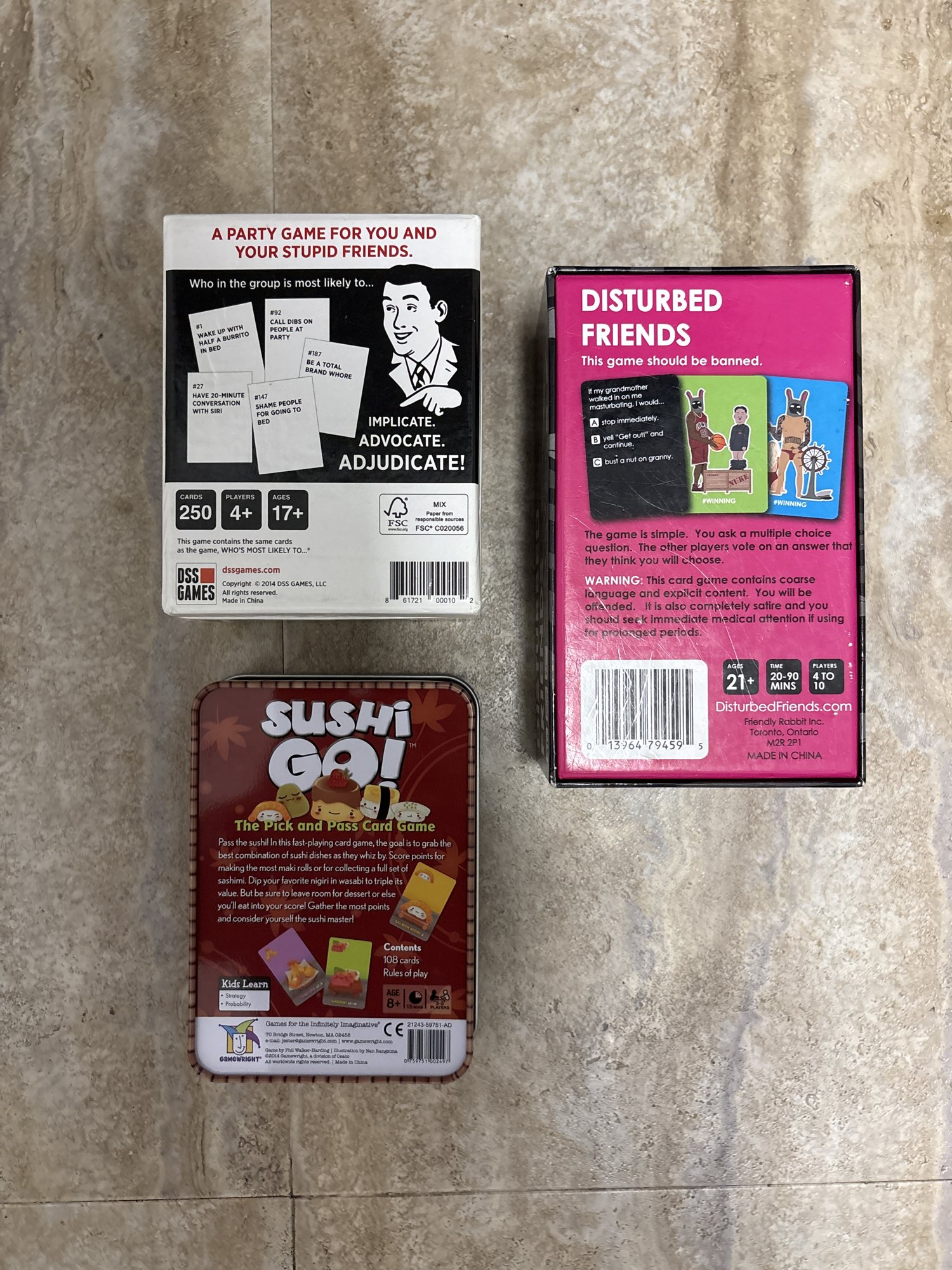 DSS Games & Friendly Rabit - Card Game Bundle: Sushi Go, Drunk Stoned Or Stupid, Disturbed Friends - Excellent used condition - photo 2