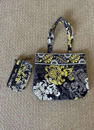 Vera Bradley Black Yellow Floral Tote Bag and Wallet Set