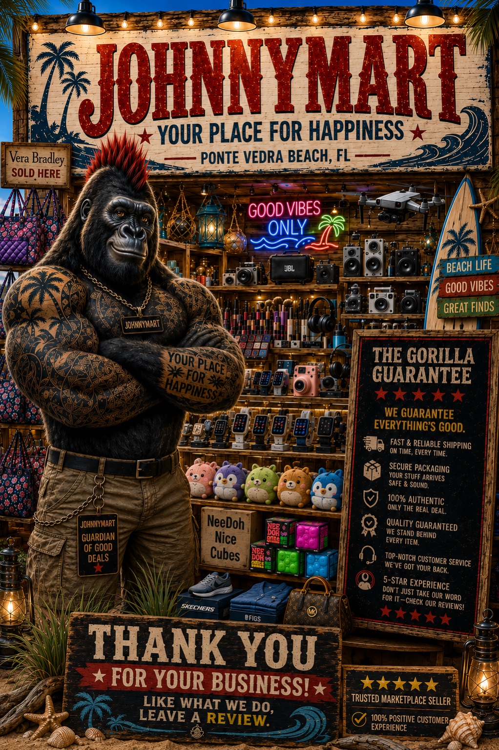 The JohnnyMart gorilla storefront — Your Place for Happiness